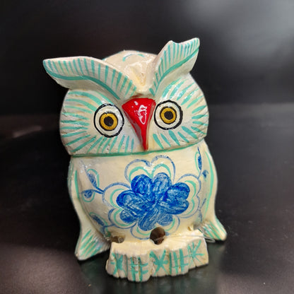 Wooden Owl F Pose W/Blue Flower Paint