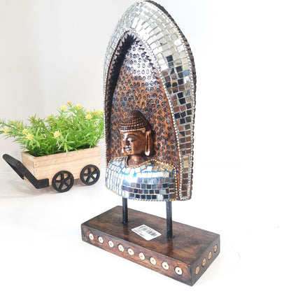 Wooden Gautam Buddha Carved in Rock W/Base & Glass