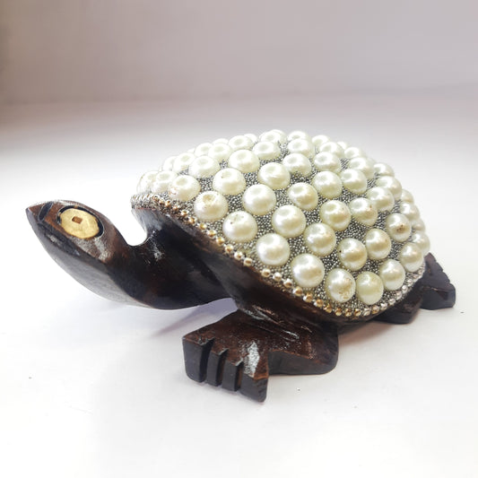 Wooden Turtle W/Pearl And Silver Paint