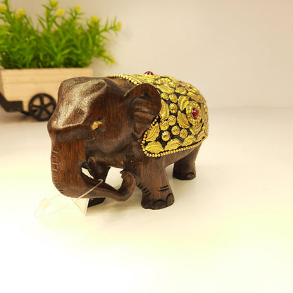 Wooden Elephant T.D Fat W/Brass Chitton Work Oxod