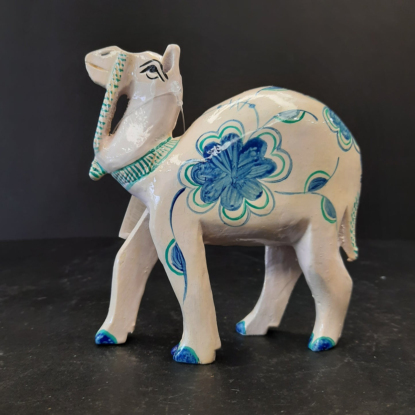 Wooden Camel W/Blue Flower Paint