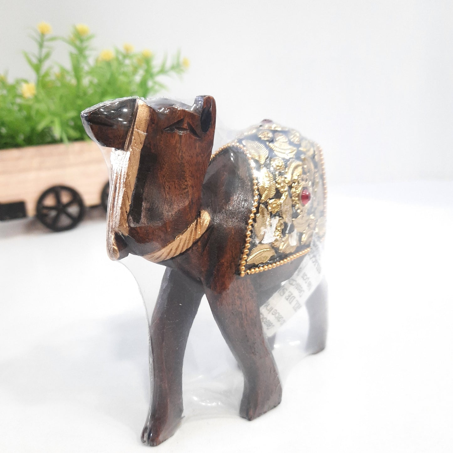 Wooden Camel W/Golden Chitton Work Oxod