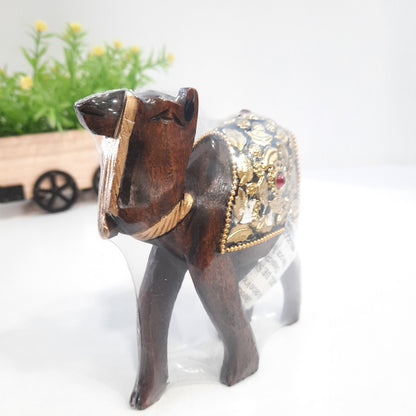 Wooden Camel W/Golden Chitton Work Oxod