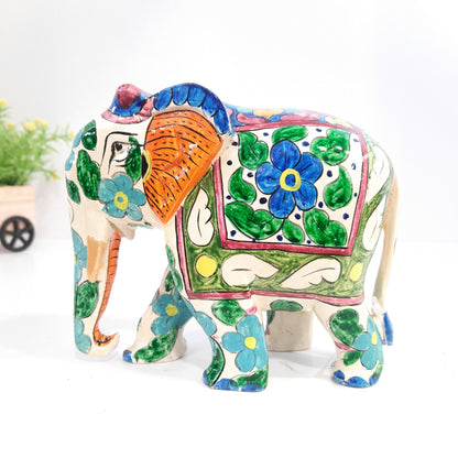 Wooden Elephant Fat T/D W/Blue & White Paint