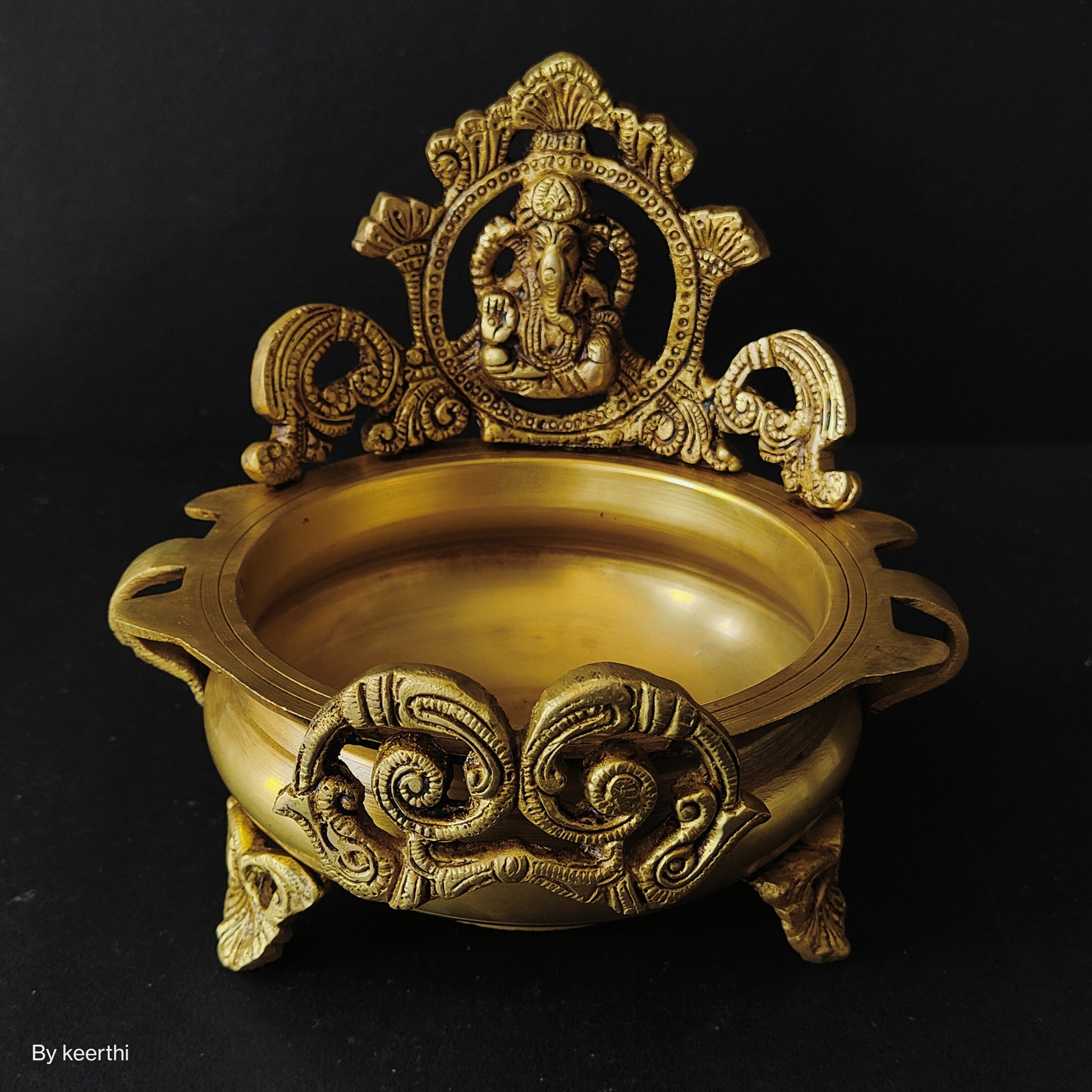 Two Moustaches Brass Ethnic Carved Ganesha Design Brass Urli Decor Bowl