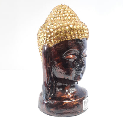 Paper Mache Gautam Buddha Head Wood Gold Chitton Work Wood Golden Brown Texture