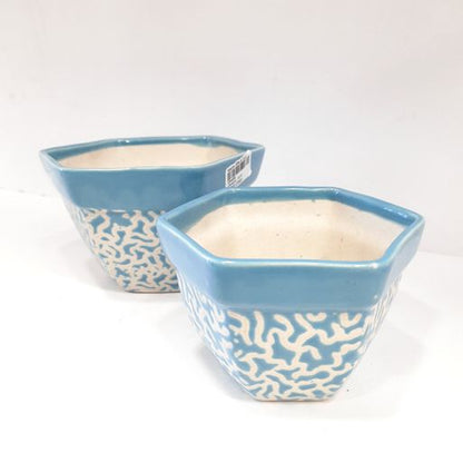 Blue Hexagon shaped Ceramic Pot Handmade Handpainted Ceramic Pot for Plants Without Plant for Indoor, Home, Garden Decor