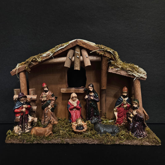 Wooden Hut with Polymarble Made Mary Joseph Baby Jesus Lamb Nativity Set Crib Set Big Size
