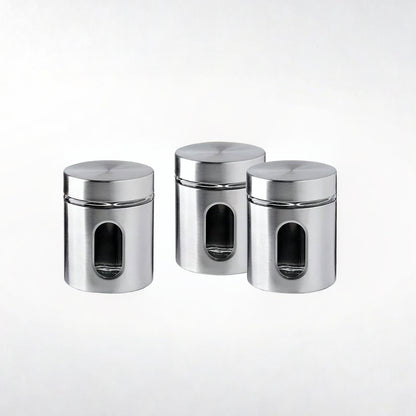Brushed Stainless Steel and Glass Canister with Window Set of 3 piece Storage Containers
