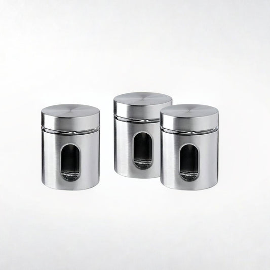 Brushed Stainless Steel and Glass Canister with Window Set of 3 piece Storage Containers