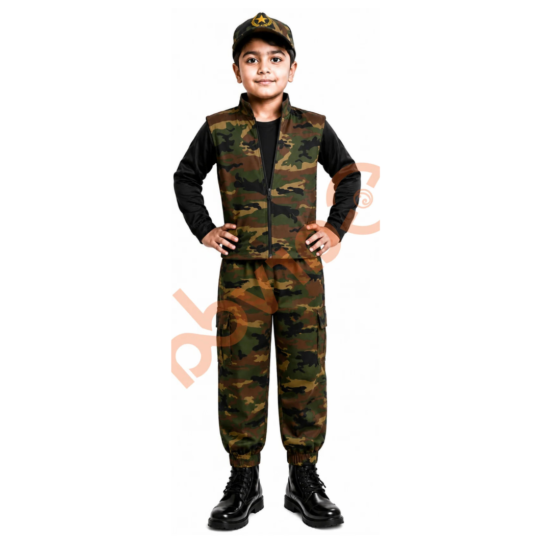 Kids Army Joggers Set camouflage jacket, matching cargo pants, cap.