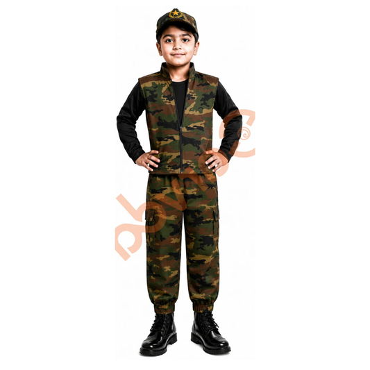 Kids Army Joggers Set camouflage jacket, matching cargo pants, cap.