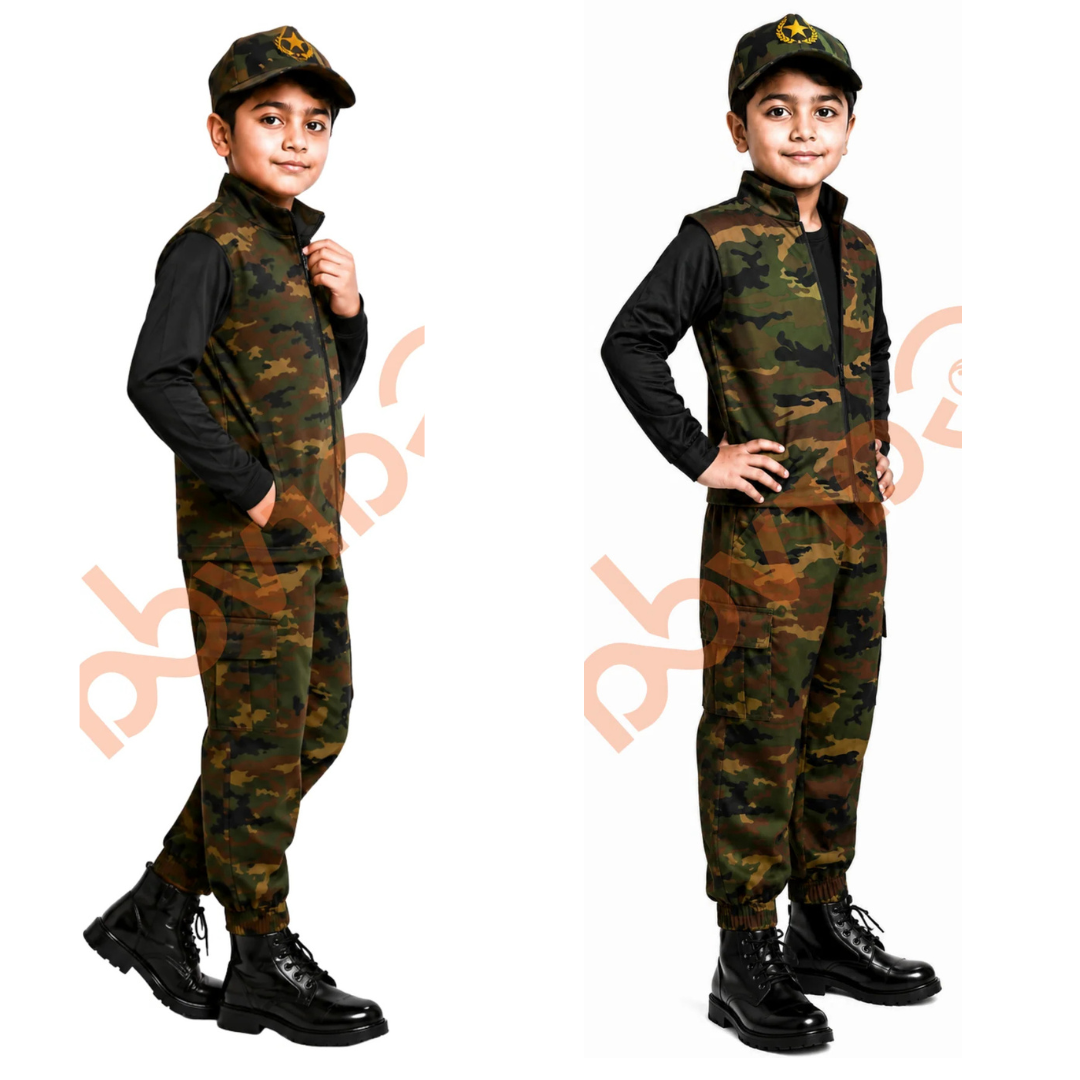 Kids Army Joggers Set camouflage jacket, matching cargo pants, cap.