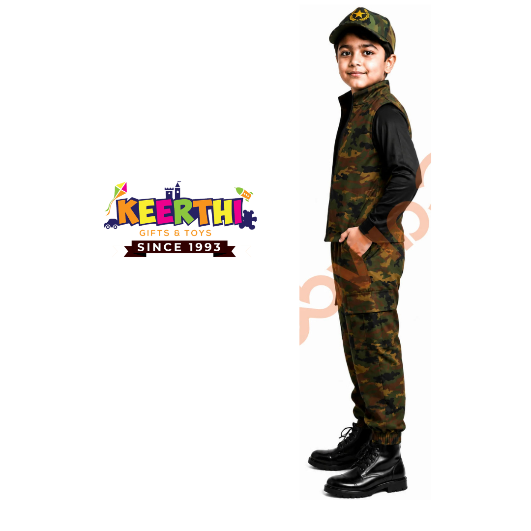 Kids Army Joggers Set camouflage jacket, matching cargo pants, cap.