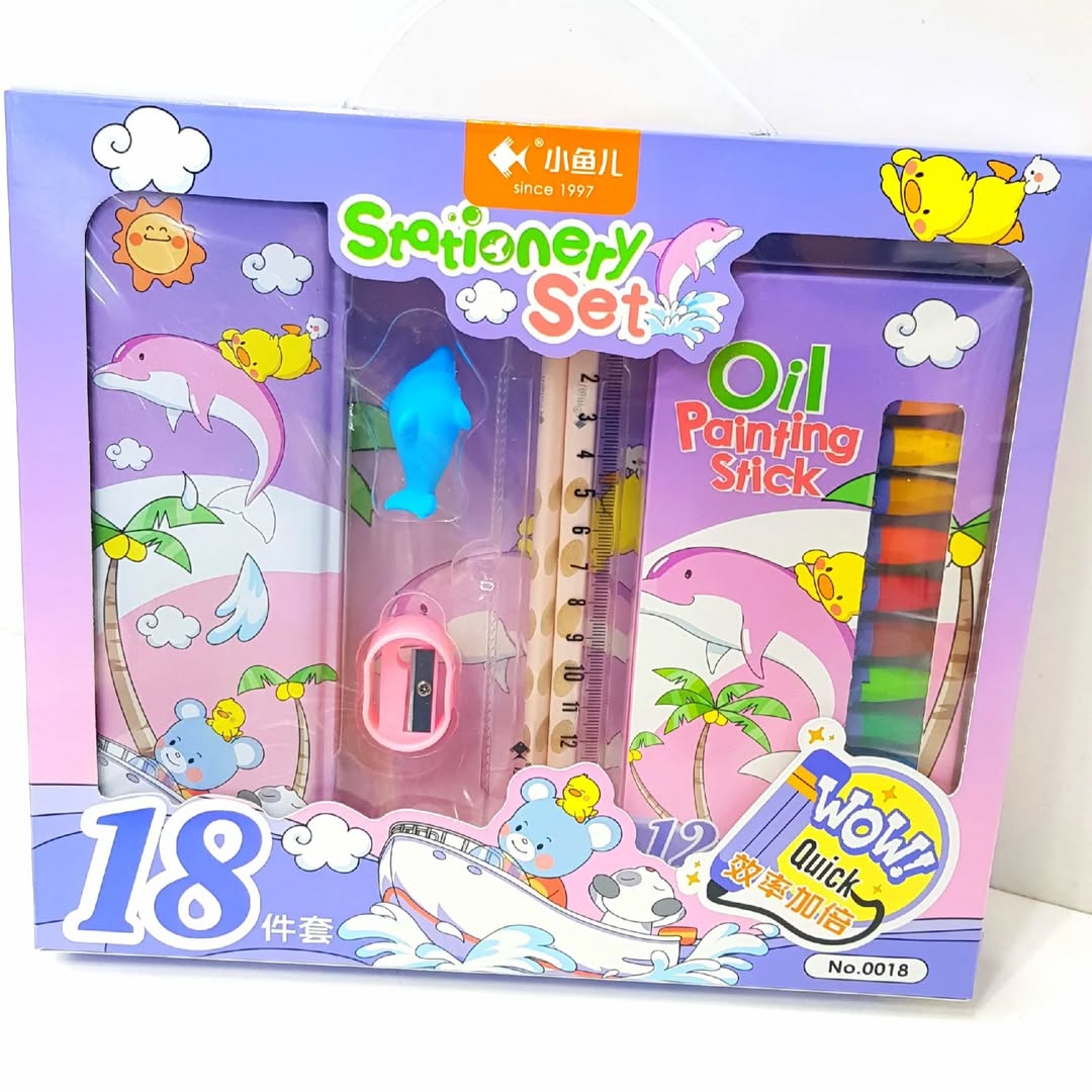 Cartoon animation character themed Stationery kit set for kids Metal box,Pencils,Sharpener,Eraser,Scale, Crayons Birthday Return Gifts