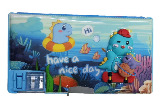 pencil box, likely for children, featuring a dinosaur theme. 
It is a container for storing pencils and other stationery.
The design includes cartoon dinosaurs and underwater scenery.