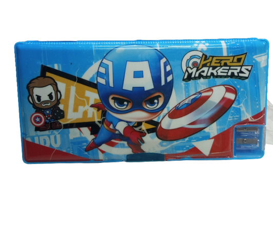 pencil box, likely for children, featuring a Super Hero theme. 
It is a container for storing pencils and other stationery.