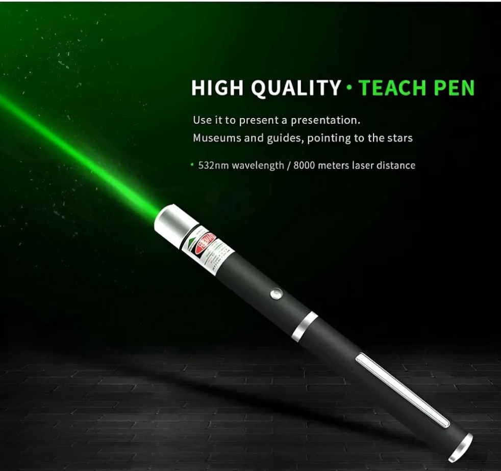 Green laser pointer. It is commonly used for presentations, astronomy, and lectures due to its visibility, even over long distances.