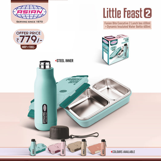 Asian Little Feast 2 Fusion Bite Executive 2 Lunch box 650 ml+Dynamic Insulated Water Bottle 600 ml BPA Free Food Grade Perfect for School Kids