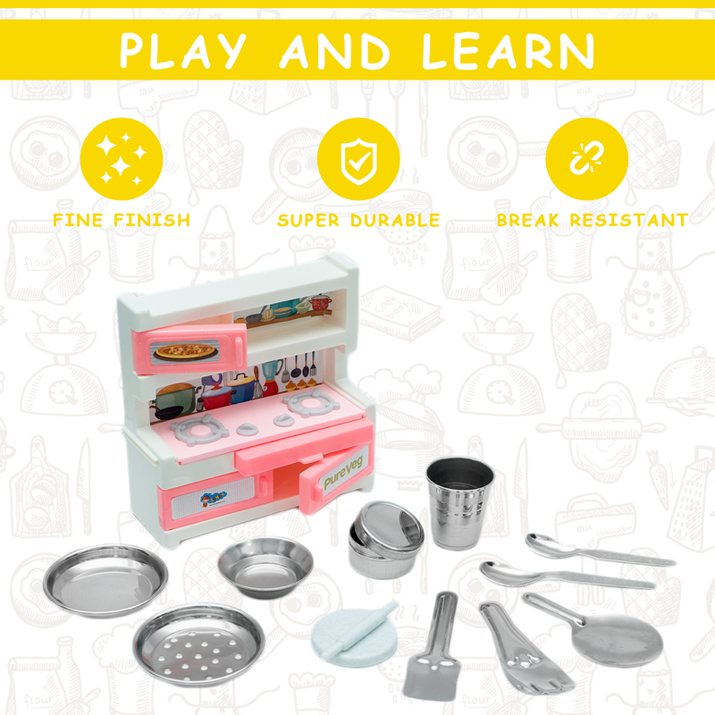 Pure Veg Kitchen Set Cute and high Quality Pure Stainless Steel Toy Kitchen Set for Girls Age 3 Years Plus no Sharp Edges