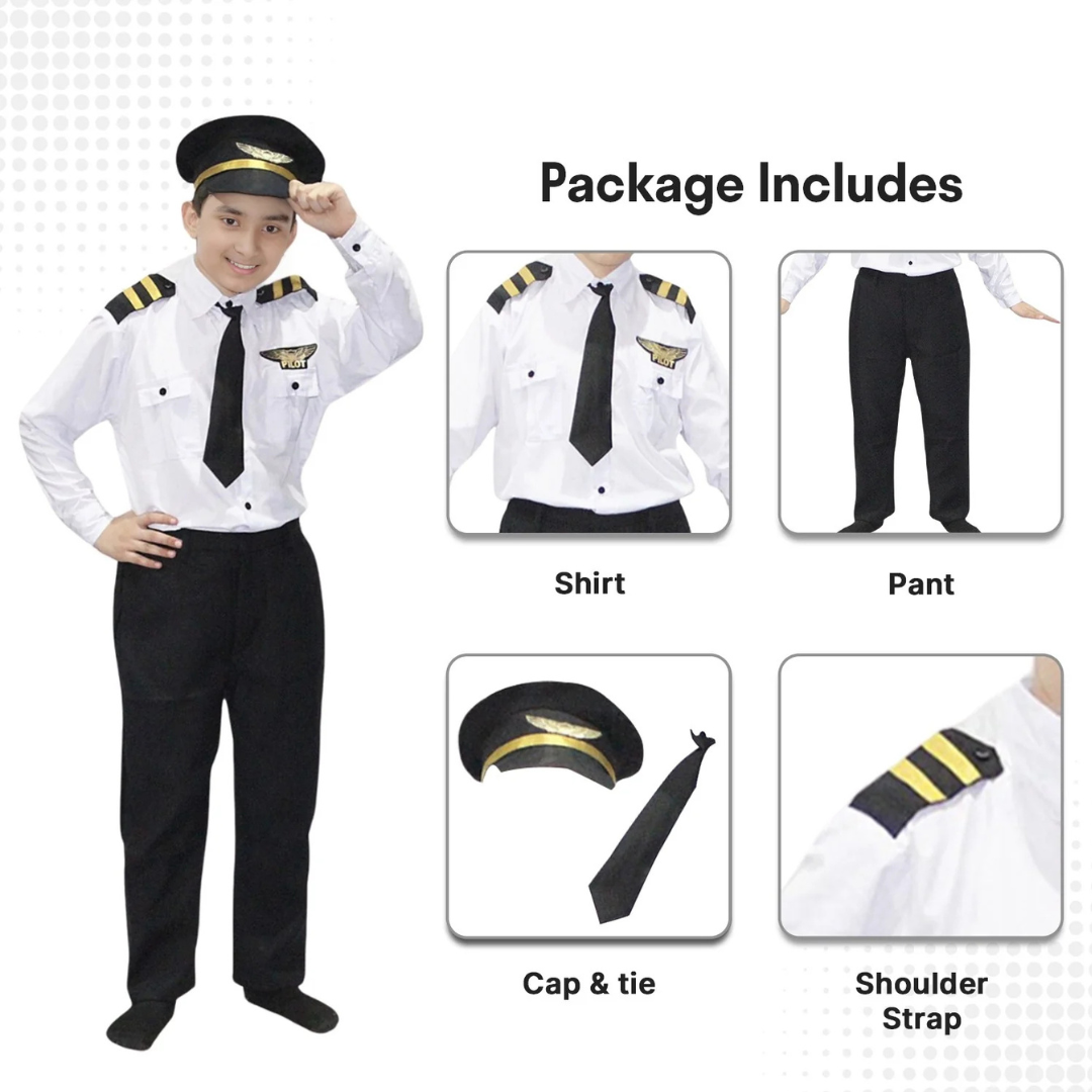 Pilot Costume full Set for kids Shirt, Pant, Tie and Cap