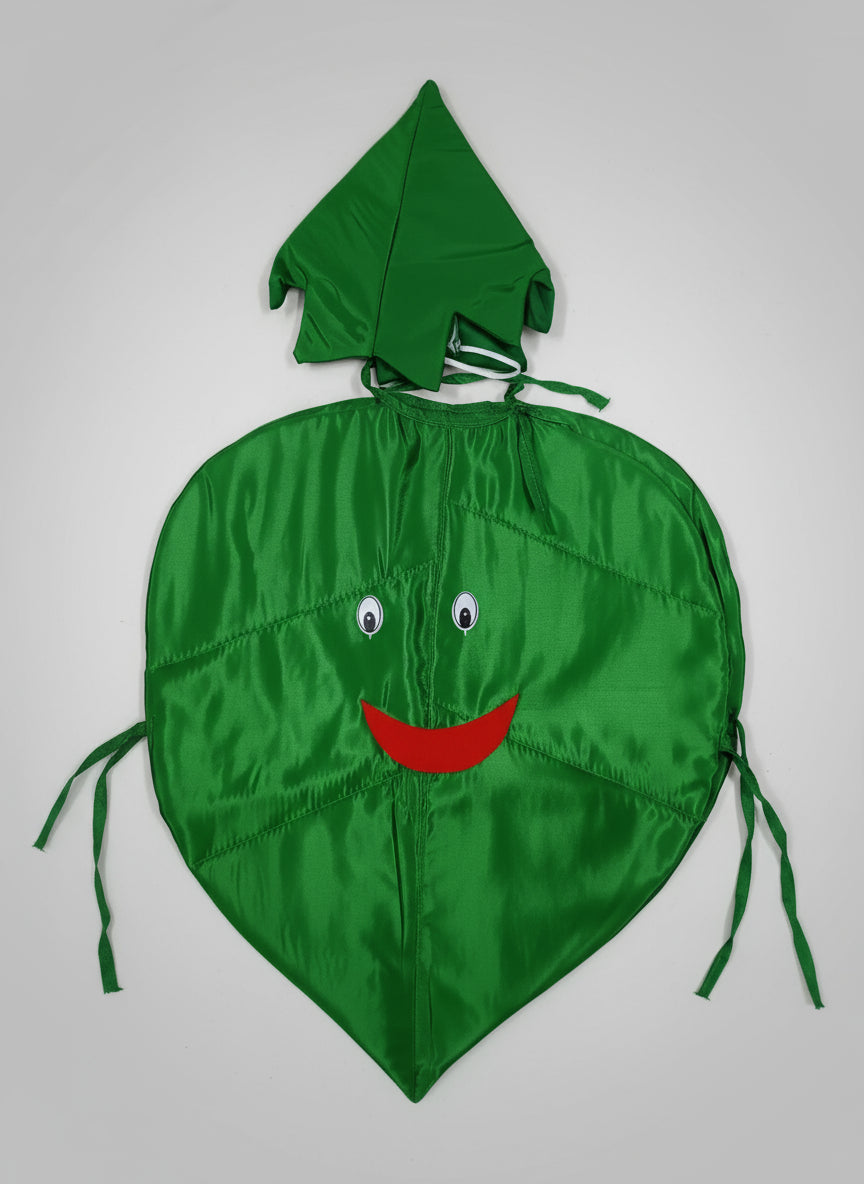 Green kite shaped like a leaf with a face on a white background