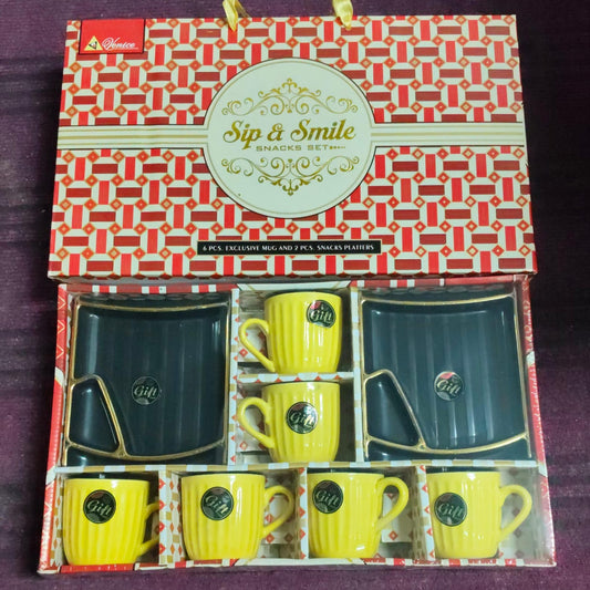 Ceramic sip & smile cup and platter set, 6 Pieces set
