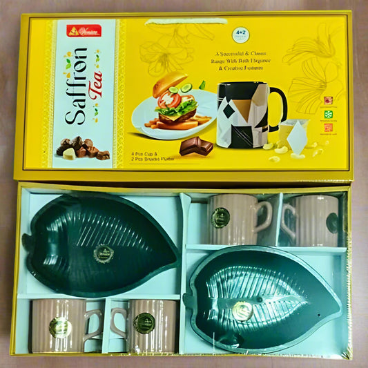 Saffron tea 6-Piece Tea & Snack Set with Leaf Shaped Platters for return gifting purpose