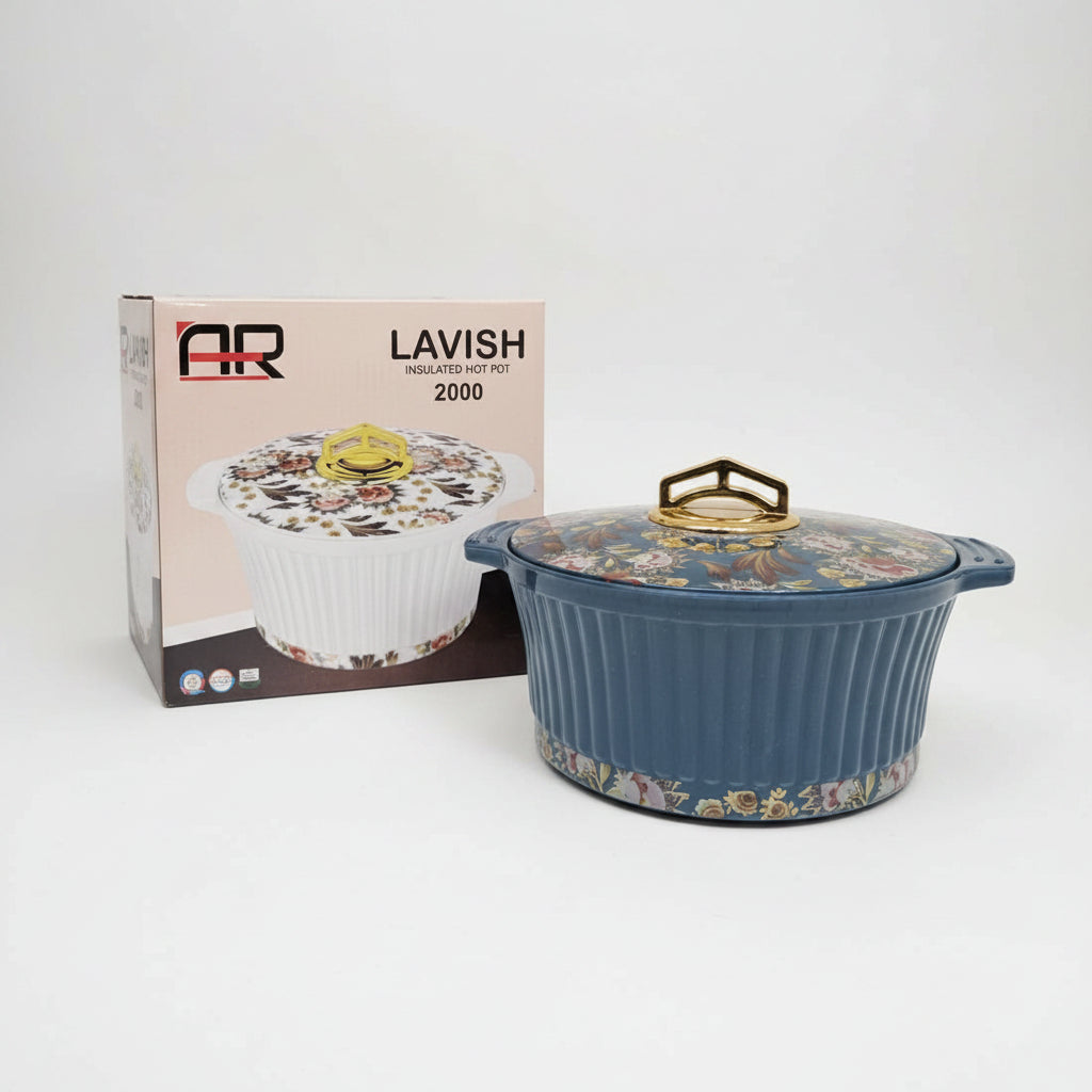 Blue floral-patterned hot pot with matching packaging on a white background
