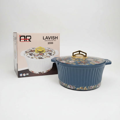 Blue floral-patterned hot pot with matching packaging on a white background