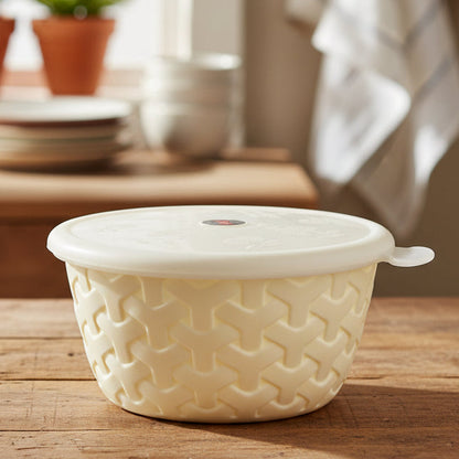 White woven basket with a lid on a white background