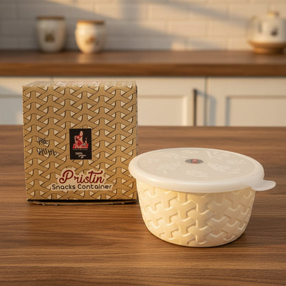 White woven snack container with a matching brown box on a white background