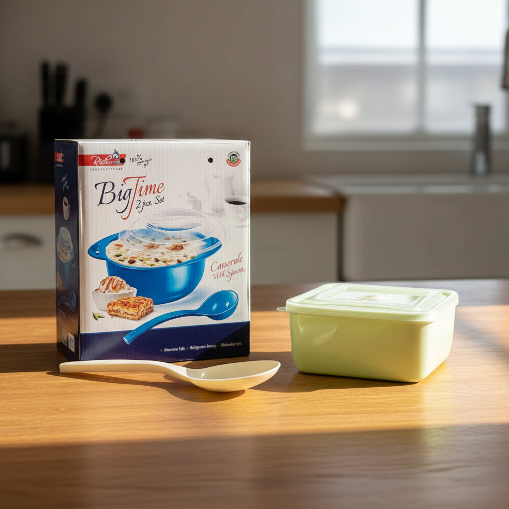 Green container with a lid next to a packaging box for a cooking set on a white background