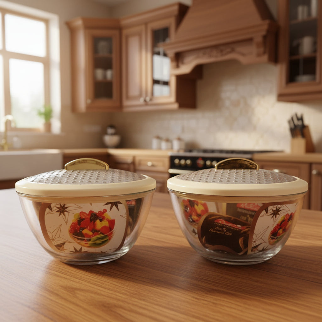 Two glass bowls with decorative lids on a white surface