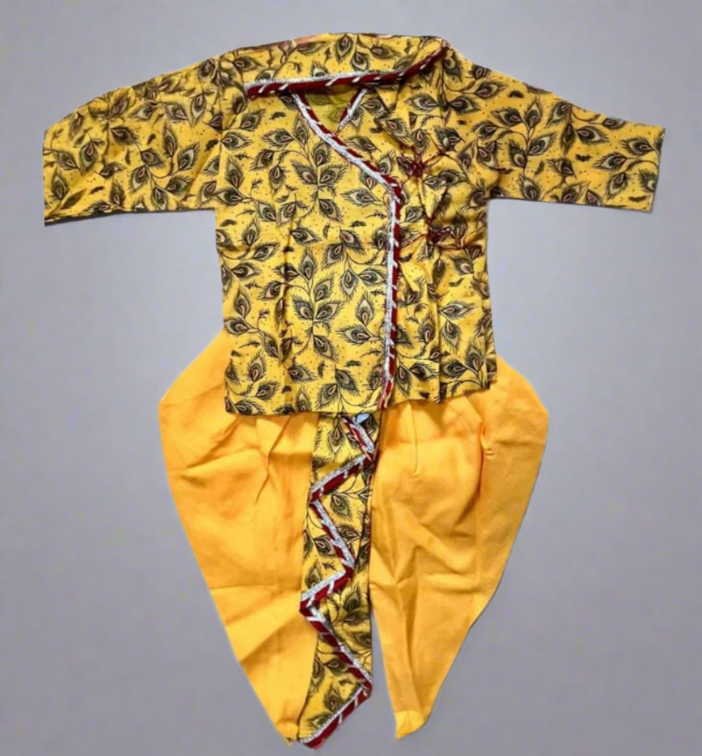 Yellow traditional outfit with leaf pattern on a white background