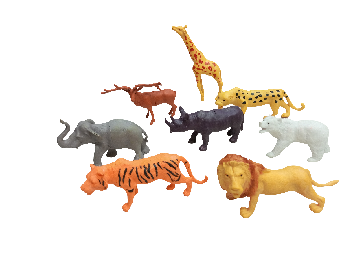Zoo PARK JUNGLE ANIMALS" toys, which includes 8 plastic animal figurines. The set appears to contain a variety of jungle animals.