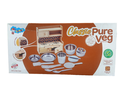 Classic Kitchen Play Set for Girls Kids Handmade Wooden & Stainless Steel Cooking Kitchen Play Set Toys for Children Educational & Learning Toy A Great Gift.