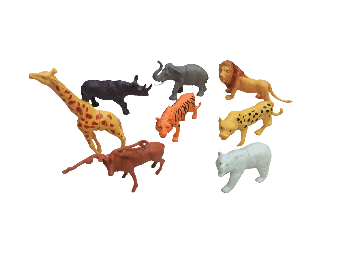 Zoo PARK JUNGLE ANIMALS" toys, which includes 8 plastic animal figurines. The set appears to contain a variety of jungle animals.