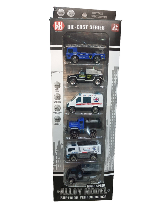 High speed Alloy Model superior performance DIE-CAST SERIES" toy car set featuring various emergency vehicles.
