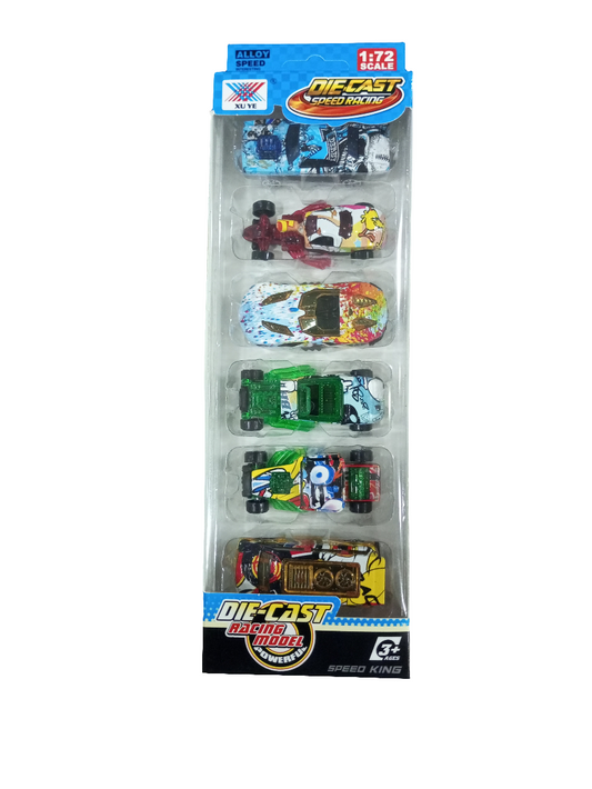 set of six 1:72 scale die-cast toy cars called "Diecast Speed Racing" or "Speed King".