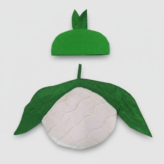 Green and white quilted item with leaf-like extensions on a white background