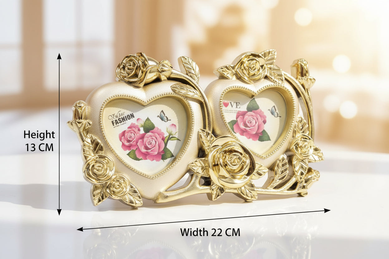 Decorative heart-shaped frame with gold accents and floral designs on a white background