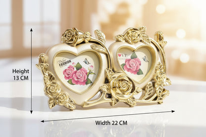 Decorative heart-shaped frame with gold accents and floral designs on a white background