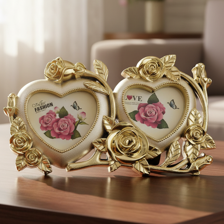 Decorative heart-shaped frame with gold accents and floral designs on a white background