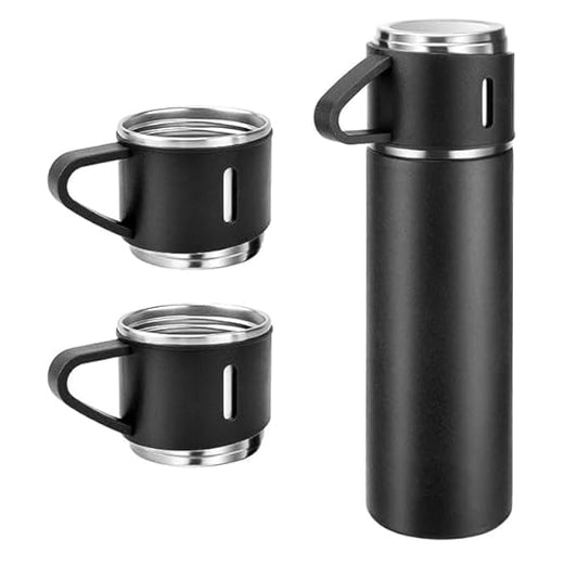 Double Wall Stainless Steel Thermo 500ml Vacuum Insulated Bottle Water Flask Gift Set with Two Cups Hot & Cold
