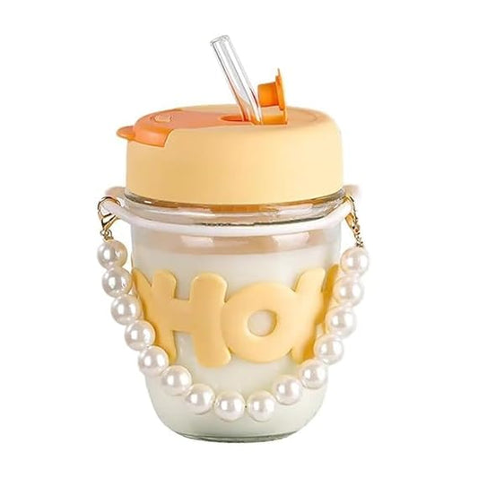 Reusable Glass Coffee Mugs with Lid 350ml | Drinking Glasses Tumbler with Pearl Chain Belt & Sleeve Double Drink Straw Sipper for Juice Smoothies Cocktail Home & Travel