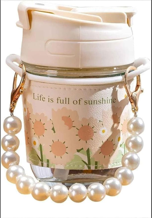 Glass Coffee Mug with Pearl Chain Design Travel Tumbler and Lid, Kids Girls Cup