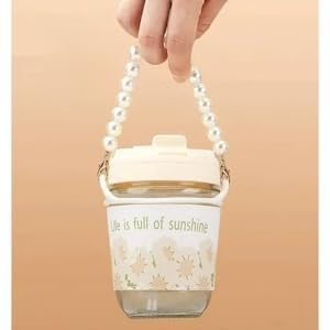 Glass Coffee Mug with Pearl Chain Design Travel Tumbler and Lid, Kids Girls Cup