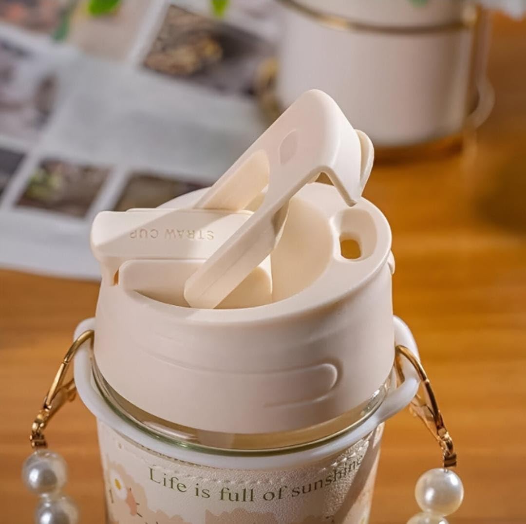 Glass Coffee Mug with Pearl Chain Design Travel Tumbler and Lid, Kids Girls Cup