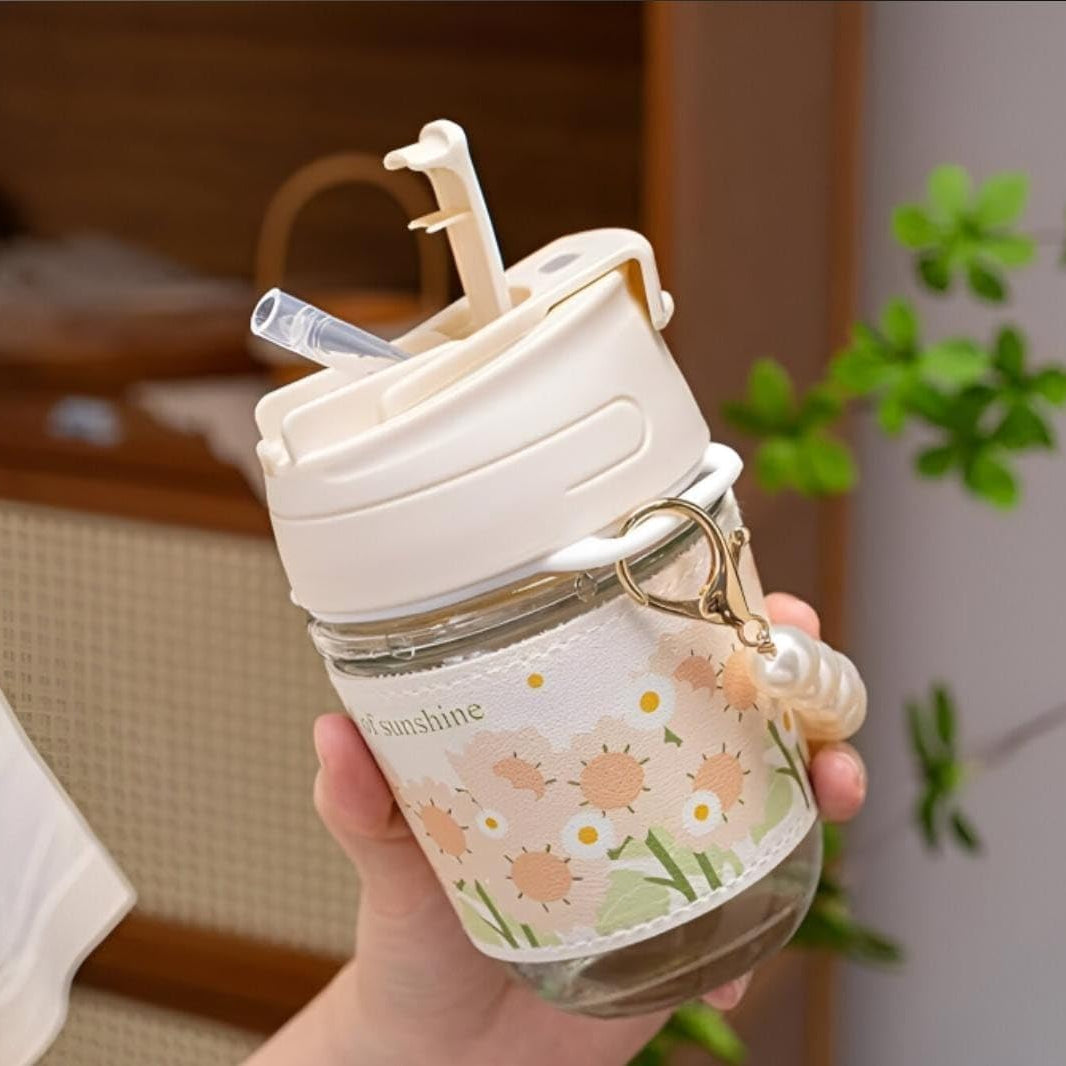 Glass Coffee Mug with Pearl Chain Design Travel Tumbler and Lid, Kids Girls Cup